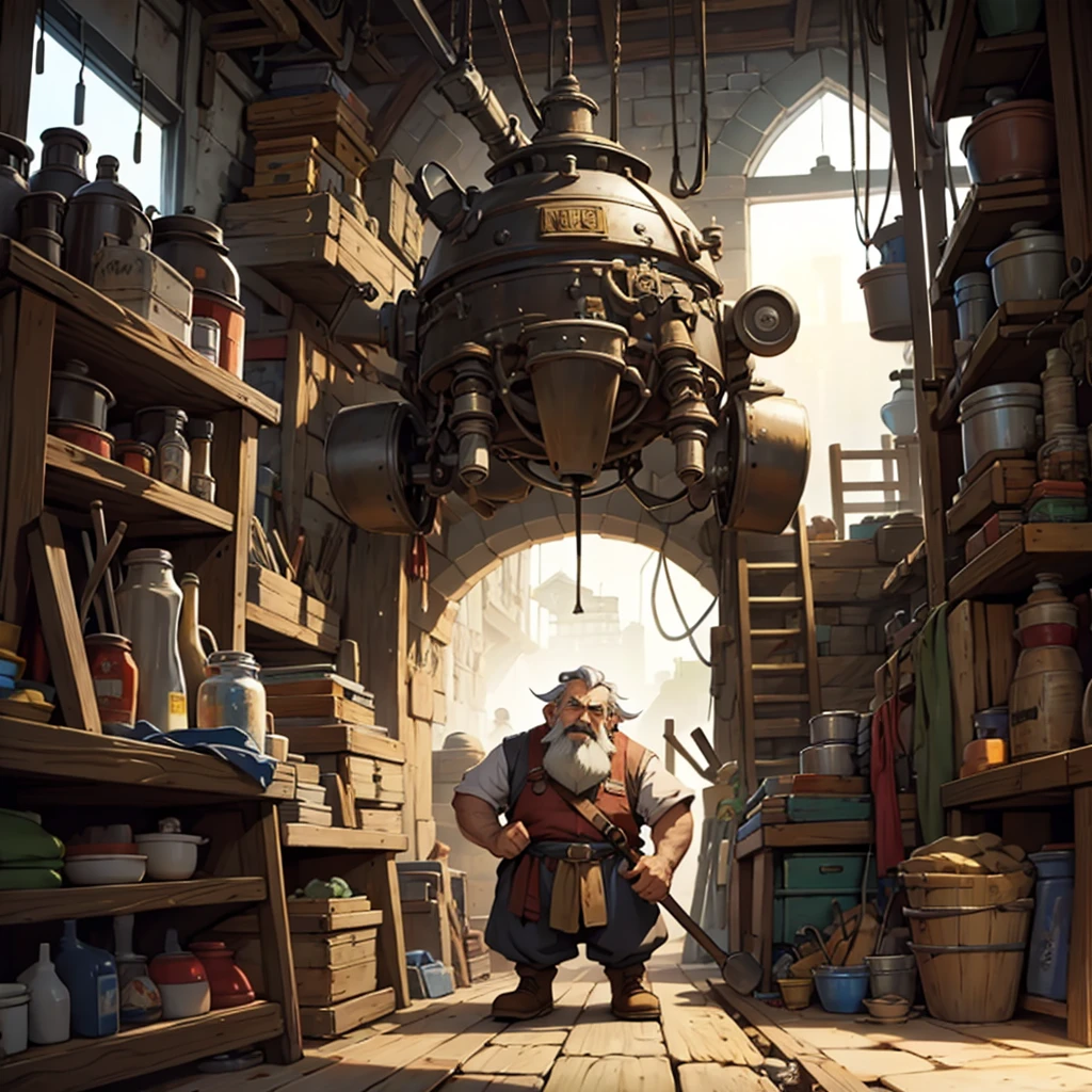Old dwarf working in his mechanical and technological workshop