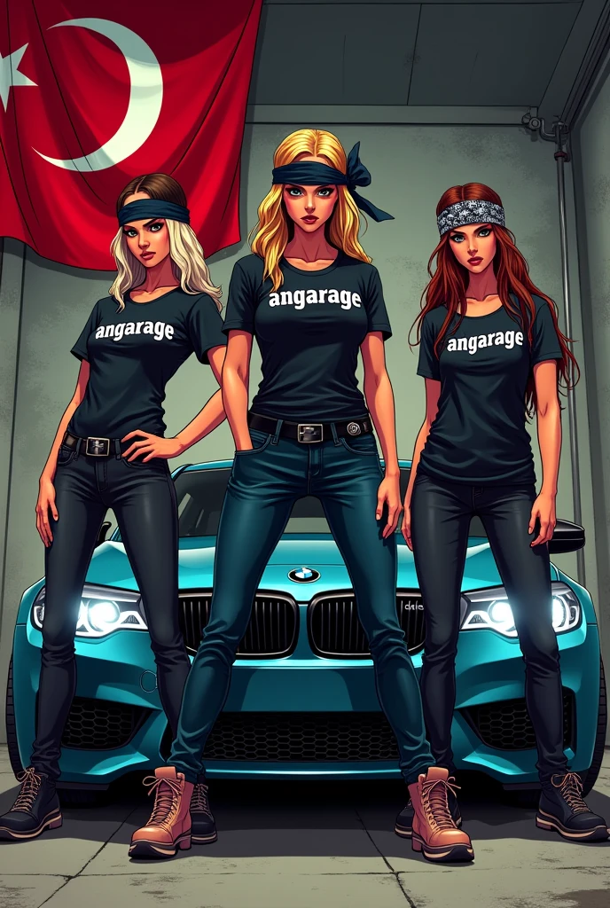 Gangsta girls,ghetto ladies in front of bmw,turkish flag in background,girls with bandana,angarage text on tshirt,manga,dark,gangs