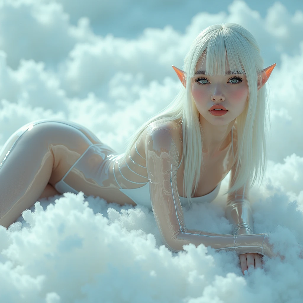 a bright platin blond hair female elf , detailed face, wearing scifi, plugsuit, transparent latex, goth, dark lips, platin blonde shiny hair, striking make up, very slim waist, happy smile face,  lie in heaven on a cloud, ultra wide shot, photorealism 