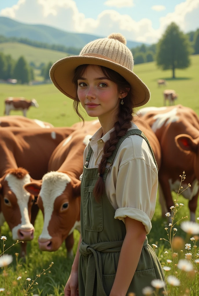 Young woman in the field tending cows wearing a hat and a cap 