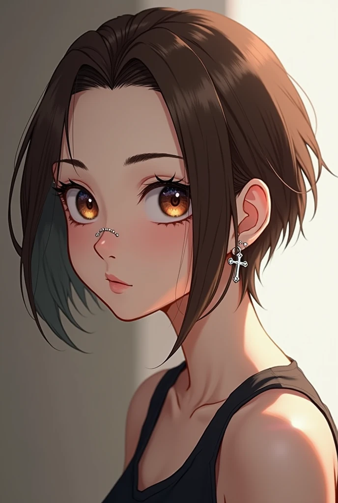 Create me as a character. I am a non-binary female person. Tenho 1,60 tall. I have short brown hair like a boy, and it is divided in half, bent back. My eyes are light brown, I have fair skin. I wear piercings in my nose and mouth and silver earrings in the shape of a cross.