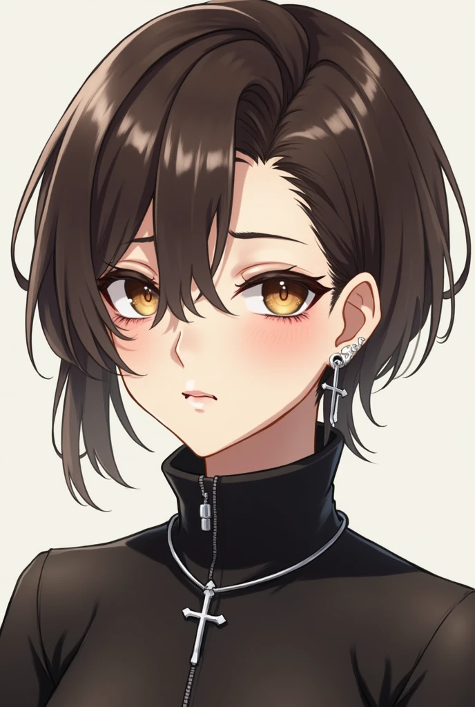 Create me as a character. I am a non-binary female person. Tenho 1,60 tall. I have short brown hair like a boy, and it is divided in half, bent back. My eyes are light brown, I have fair skin. I wear piercings in my nose and mouth and silver earrings in the shape of a cross.