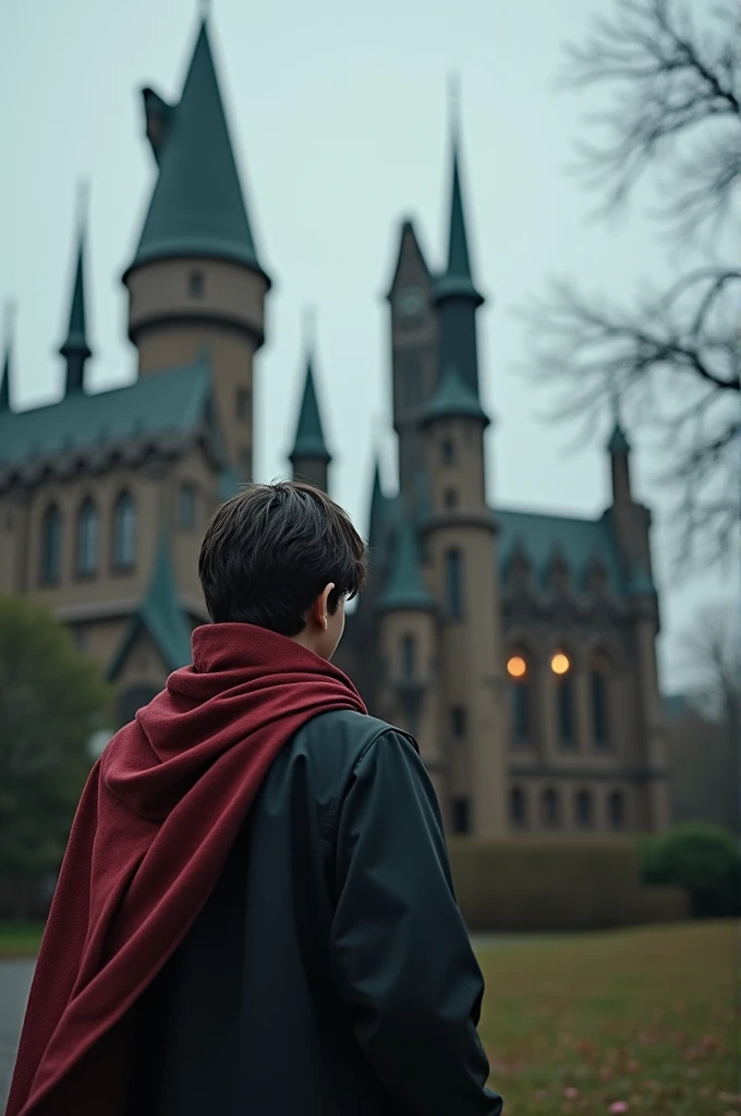 ((best quality)), ((masterpiece)), (detailed), perfect face
Back view of Harry Potter and robot in front of Hogwarts school make robot shorter than Harry