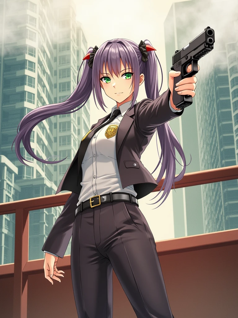 ((masterpiece)), ((best quality)), ((highres)), 1girl, solo, police officer, (matching pants, slacks), city backdrop, (holding and aiming pistol, detailed pistol, glock 22, trigger discipline), standing, medium hair, (purple hair, twintails), (green eyes),