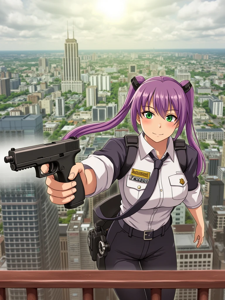 ((masterpiece)), ((best quality)), ((highres)), 1girl, solo, police officer, (matching pants, slacks), city backdrop, (holding and aiming pistol, detailed pistol, glock 22, trigger discipline), standing, medium hair, (purple hair, twintails), (green eyes),
