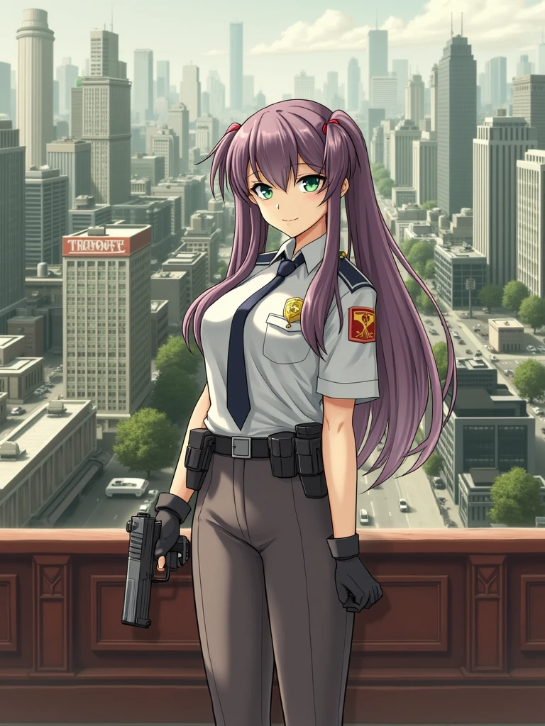 ((masterpiece)), ((best quality)), ((highres)), 1girl, solo, police officer, (matching pants, slacks), city backdrop, (holding and aiming pistol, detailed pistol, glock 22, trigger discipline), standing, medium hair, (purple hair, twintails), (green eyes),