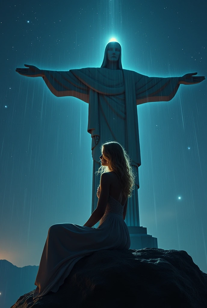 create an ultra realistic image of a woman sitting on top of Christ the Redeemer and raining with the starry sky on her shoulder blonde