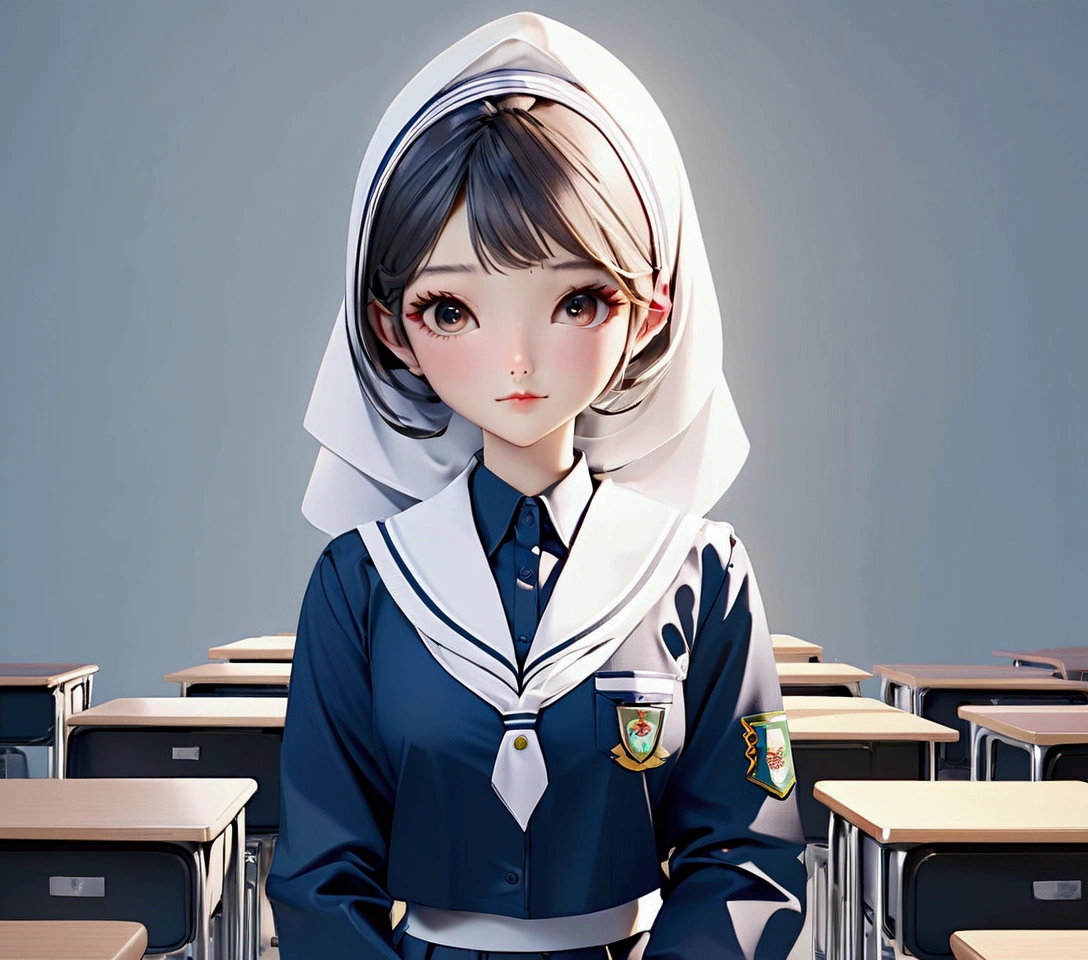 3d realistic image of indonesian girl student, wearing SMA uniform with white hijab and facing forward in her classroom.