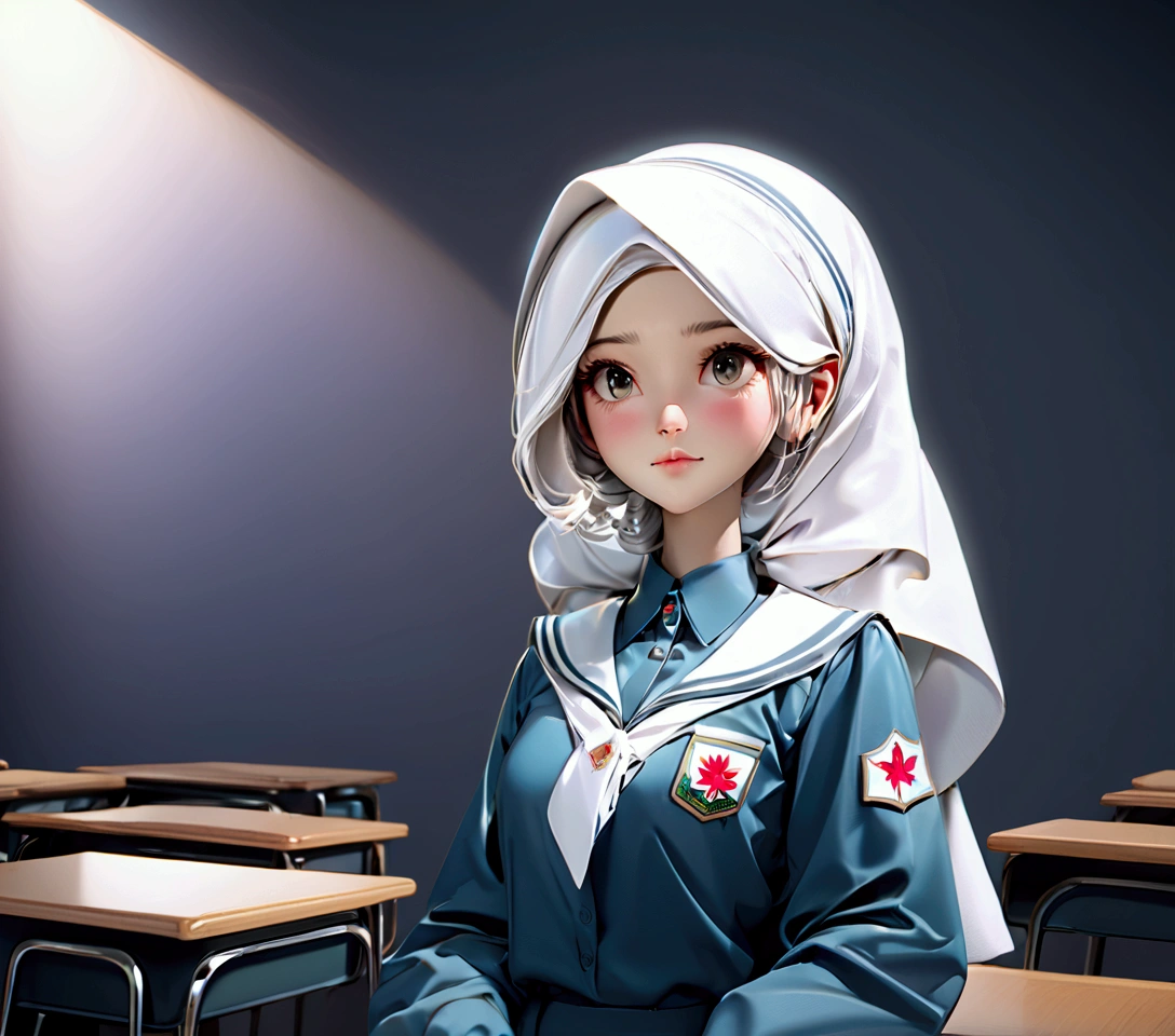 3d realistic image of  indonesian girl student, wearing SMA uniform with white hijab and facing forward in her classroom.