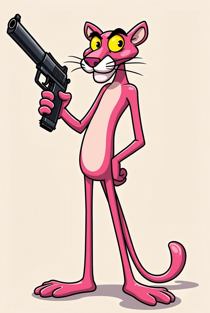 Pink Panther animated version hand drawn type with a gun
