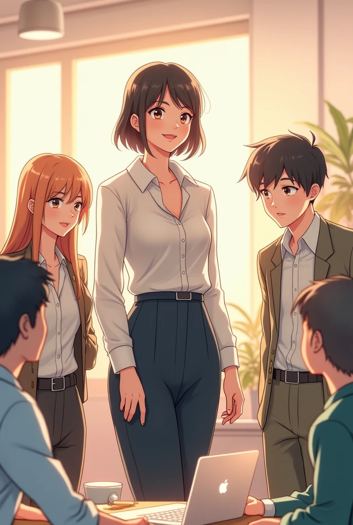 A manga-style workplace with a peaceful, harmonious atmosphere, (1 girl, 3 men, office setting, manga art style), elegant businesswoman, friendly coworkers, creative problem-solving, teamwork, minimalist office decor, warm lighting, pastel color palette, (best quality, 4k, ultra-detailed, masterpiece, photorealistic:1.37), beautiful detailed eyes, beautiful detailed lips, extremely detailed face and features, office supplies, computer screens, potted plants, warm smiles, productive work environment