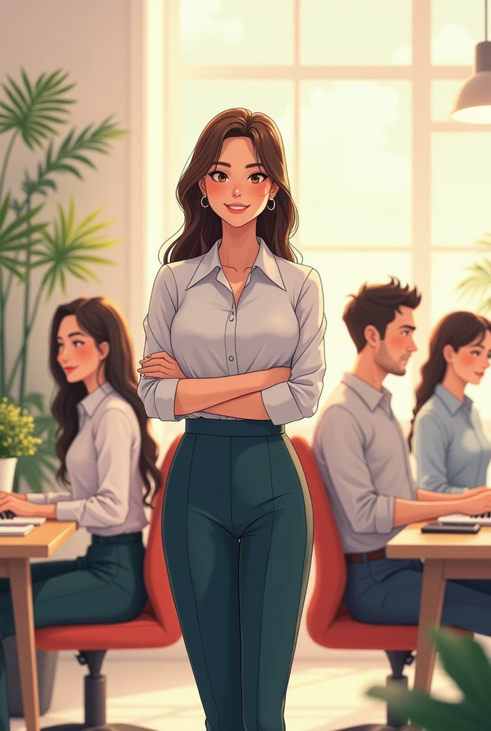A manga-style workplace with a peaceful, harmonious atmosphere, (1 girl, 3 men, office setting, manga art style), elegant businesswoman, friendly coworkers, creative problem-solving, teamwork, minimalist office decor, warm lighting, pastel color palette, (best quality, 4k, ultra-detailed, masterpiece, photorealistic:1.37), beautiful detailed eyes, beautiful detailed lips, extremely detailed face and features, office supplies, computer screens, potted plants, warm smiles, productive work environment