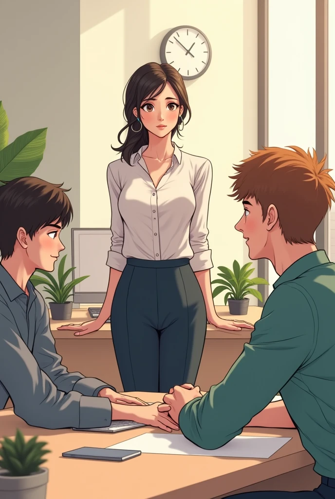 A manga-style workplace with a peaceful, harmonious atmosphere, (1 girl, 3 men, office setting, manga art style), elegant businesswoman, friendly coworkers, creative problem-solving, teamwork, minimalist office decor, warm lighting, pastel color palette, (best quality, 4k, ultra-detailed, masterpiece, photorealistic:1.37), beautiful detailed eyes, beautiful detailed lips, extremely detailed face and features, office supplies, computer screens, potted plants, warm smiles, productive work environment