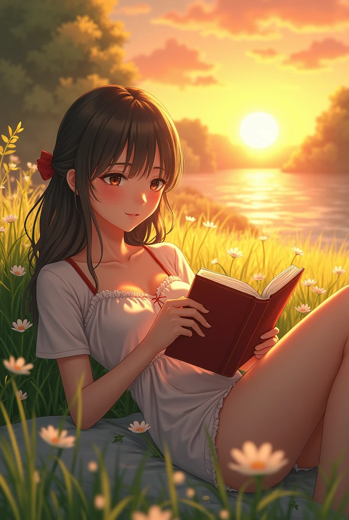 beautiful young, anime styling, Kizi, mulher de corpo inteiro, reading a book lying on the grass, detailled image, sunset, with a lot of shine, beautiful smiling