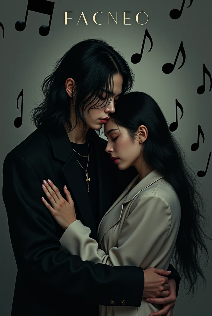 Asian boy man who looks like DPR ian and who has long hair and in the background is written the word facneo and who is in a dark place and who has black musical notes around him and is hugging a beautiful girl