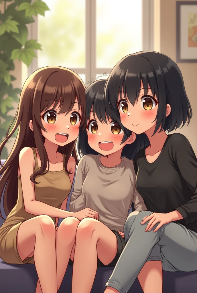 Three  friends:  a thin girl with long brown hair and brown eyes, an average size, with short black hair and brown eyes , and the last one with medium black hair, with optical lenses 
