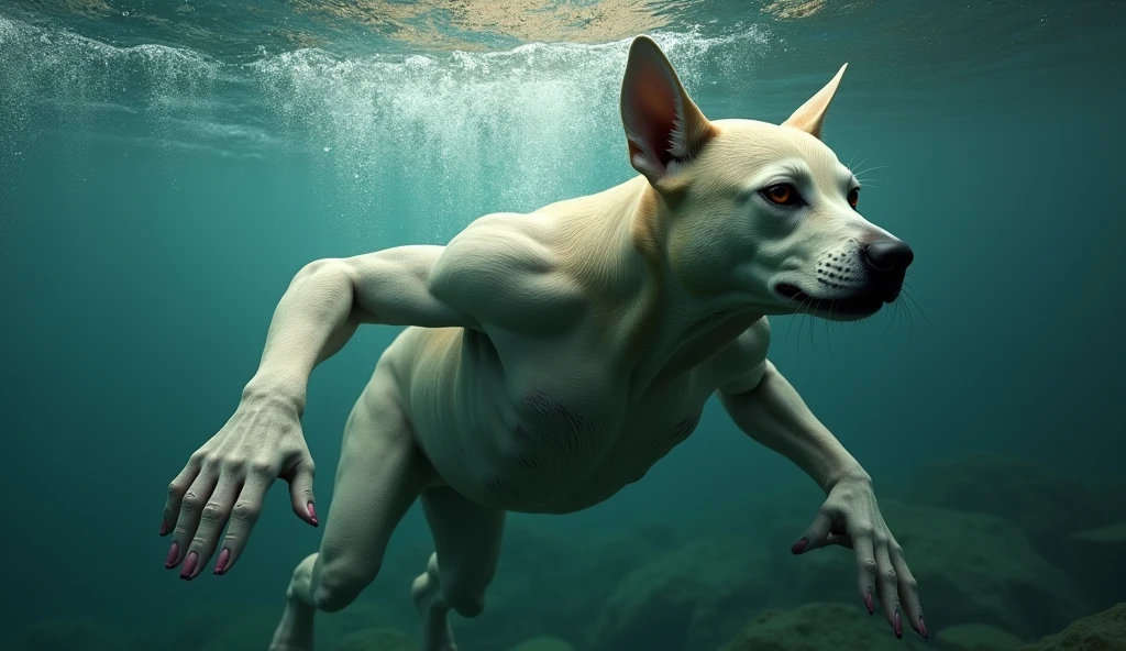 /imagine prompt:prompt: a dog swims like a human human body its head is that of a walking dog realistic skin texture 4k ultra realism, sublime, Cyberparadism, digitl art, Cinematography, Zbrush rendering, hight contrast, distinctive, strong colors, Mallgoth, studio lighting, ultra-realistc, highy detailed, PBR materials, Unity Engine, volumetric lighting, 8k --ar 16:9