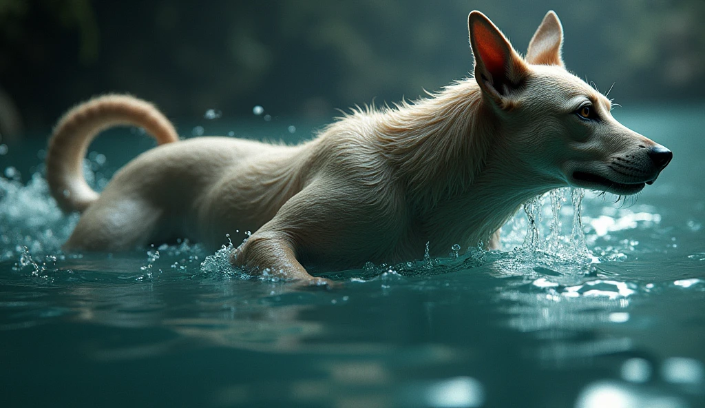 /imagine prompt:prompt: a dog swims like a human human body its head is that of a walking dog realistic skin texture 4k ultra realism, sublime, Cyberparadism, digitl art, Cinematography, Zbrush rendering, hight contrast, distinctive, strong colors, Mallgoth, studio lighting, ultra-realistc, highy detailed, PBR materials, Unity Engine, volumetric lighting, 8k --ar 16:9