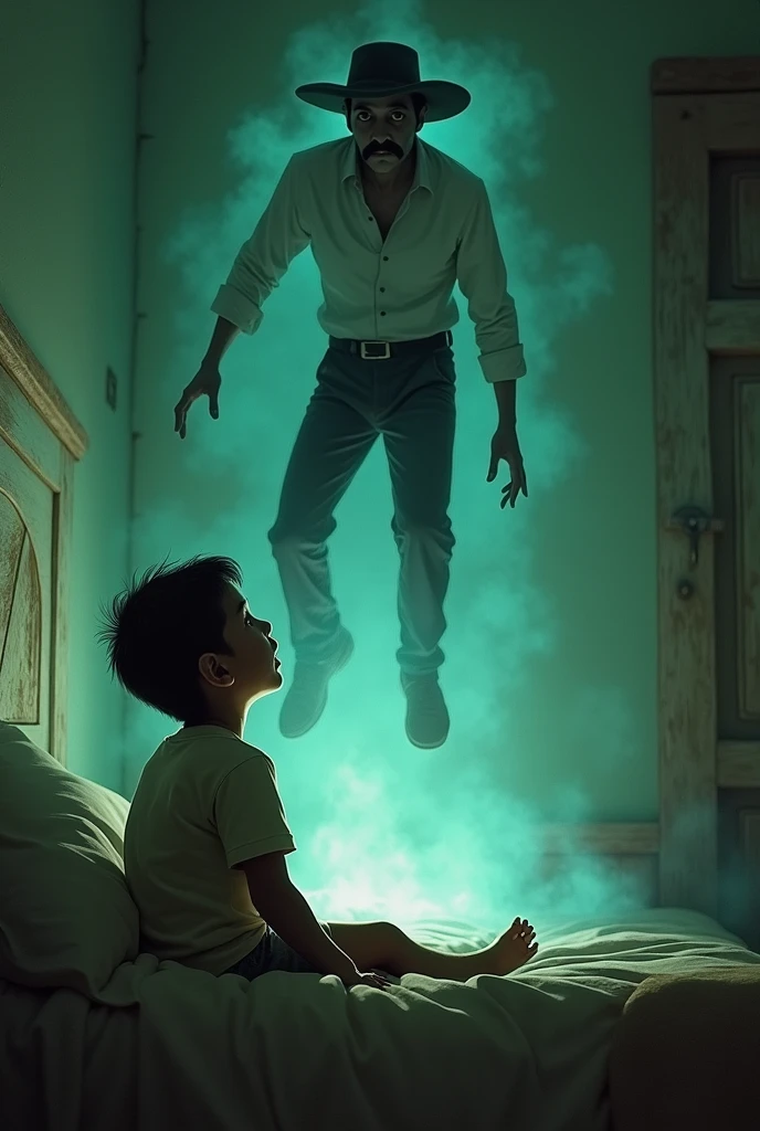 A Venezuelan child from the state of Guarico in his humble room with light green walls wakes up in his bed scared and amazed seeing the spirit of a peasant with a mustache, black pants and a hat, and a white long-sleeved shirt who tries to take him by the feet.