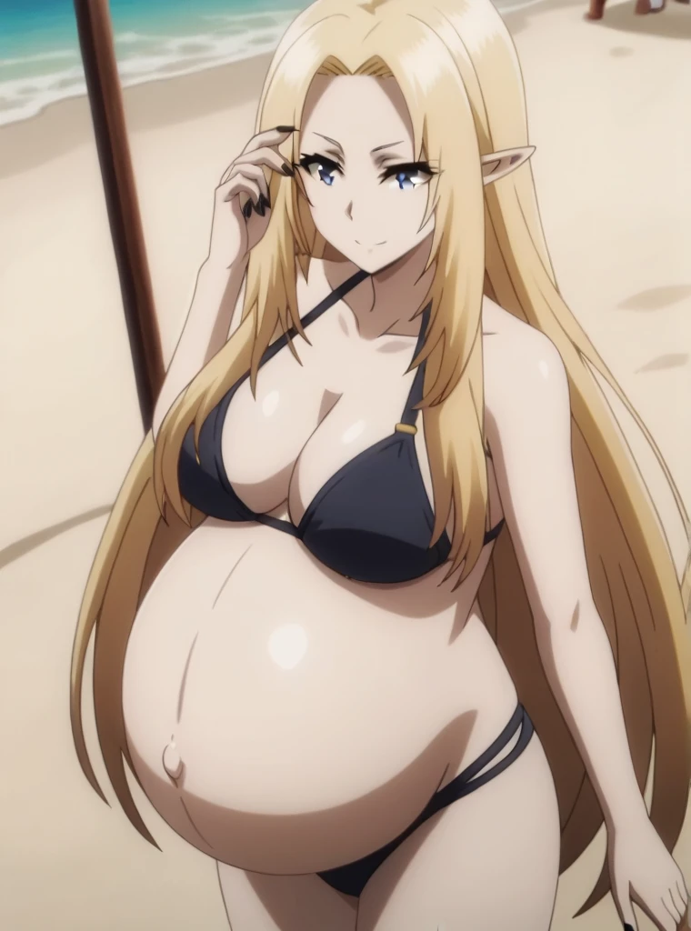score_9, score_8_above, score_7_above, score_6_above, score_5_above, score_4_above, alpha, alfa, The Eminence in the Shadow, long blonde hair, Waist length hair, Smooth and silky hair, clean bangs, bright blue eyes, Pale skin, ethereal, regal, compound expression, 1 girl, Alone, broad, pointy ears, looking ahead, smiling,
, pregnant, huge belly, big belly, belly button, Posing, , panties, indoors, black nails polish, beach, 
high quality, Best Quality, ultra detailed, masterpiece, Whole body, animated style, high quality, ultra detailed, beast quality,
looking at the viewer, dutch angle, cowboy shot,
