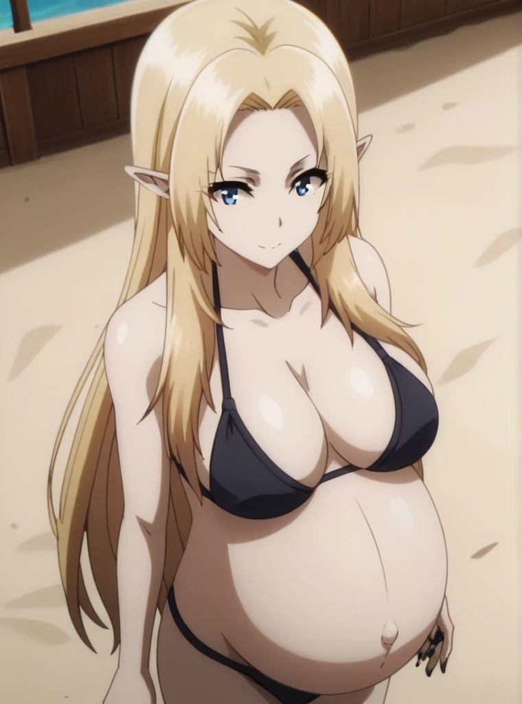 score_9, score_8_above, score_7_above, score_6_above, score_5_above, score_4_above, alpha, alfa, The Eminence in the Shadow, long blonde hair, Waist length hair, Smooth and silky hair, clean bangs, bright blue eyes, Pale skin, ethereal, regal, compound expression, 1 girl, Alone, broad, pointy ears, looking ahead, smiling,
big breasts, pregnant, huge belly, big belly, belly button, Posing, bikini, panties, indoors, black nails polish, beach,
high quality, Best Quality, ultra detailed, masterpiece, Whole body, animated style, high quality, ultra detailed, beast quality,
looking at the viewer, dutch angle, cowboy shot,