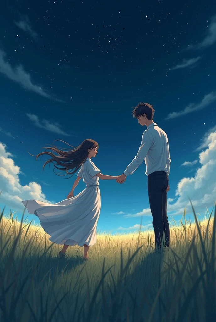 Two people in a field with tall grass, a young woman in a white dress and dyed hair and on the other end a tall young man trying to reach her dressed in a white shirt and in the background a starry night with strong winds like an anime
