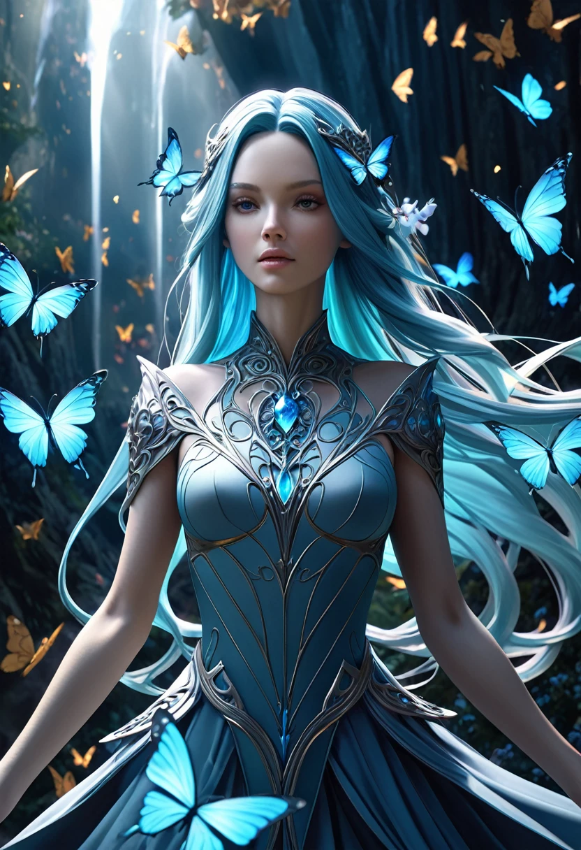 A detailed, elegant female figure, cyan skin, magical flowing hair, butterflies, legendary, magic, supreme, temporal rift, highly detailed, 8K, photorealistic, dramatic lighting, cinematic composition, rich colors, ethereal, fantasy