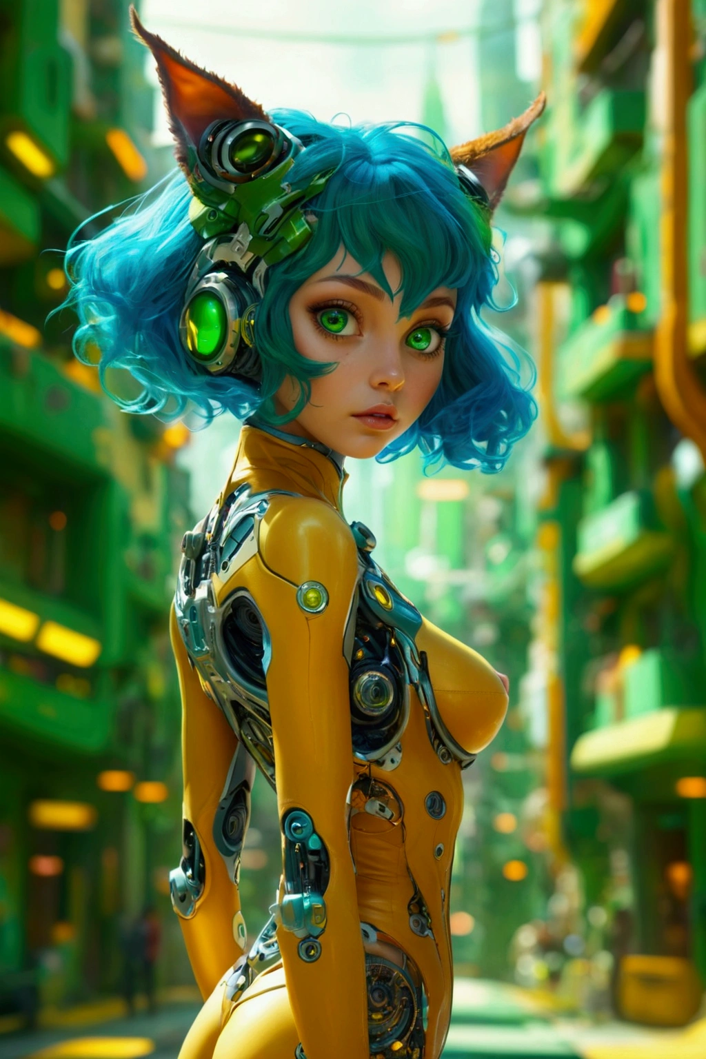 Perspective scene showing the scenery from below and an alien planet seen from above, green and yellow floating city, futuristic cyberpunk houses, vehicles flying through the city, a young woman looking at the city in a sexy outfit and showing her thick thighs with mechanical parts, green curly hair, high resolution, breasts big,blue colored eyes, animal ears, best qualityer, anatomically correcte,