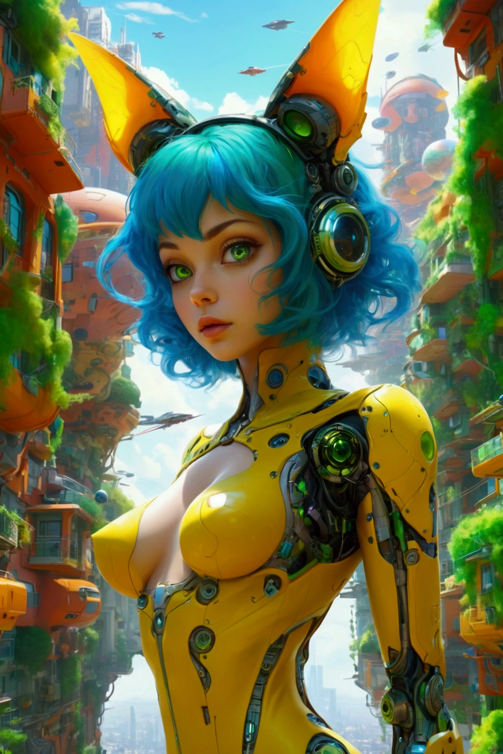 Perspective scene showing the scenery from below and an alien planet seen from above, green and yellow floating city, futuristic cyberpunk houses, vehicles flying through the city, a young woman looking at the city in a sexy outfit and showing her thick thighs with mechanical parts, green curly hair, high resolution, breasts big,blue colored eyes, animal ears, best qualityer, anatomically correcte,