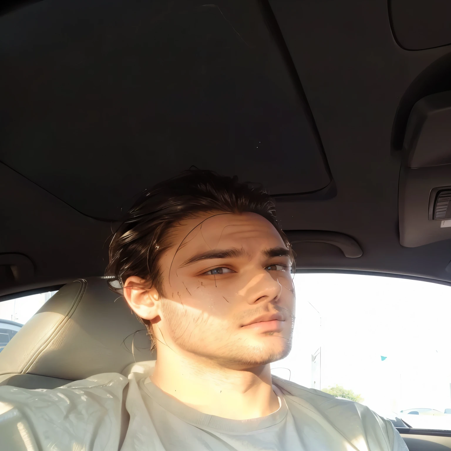 Arafed man in car with tie around neck, high forehead, his hair is dirty and unkempt, small bristles, big forehead, high forehead, wide forehead, big forehead, with small bristles, Only the forehead, showing the forehead, short stubble, Sweaty face, Very long forehead, his hair is dirty and disheveled, big forehead, Beautiful, chad, good looking, handsome.