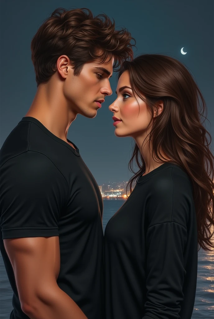 Realistic drawing of an extremely handsome 1 boy, fit, of Brown hair, very blue eyes, dressed in a black dress shirt, and an extremely beautiful 1 woman, of Brown hair ojos azules, with a black sweatshirt, They look at each other in love, at night