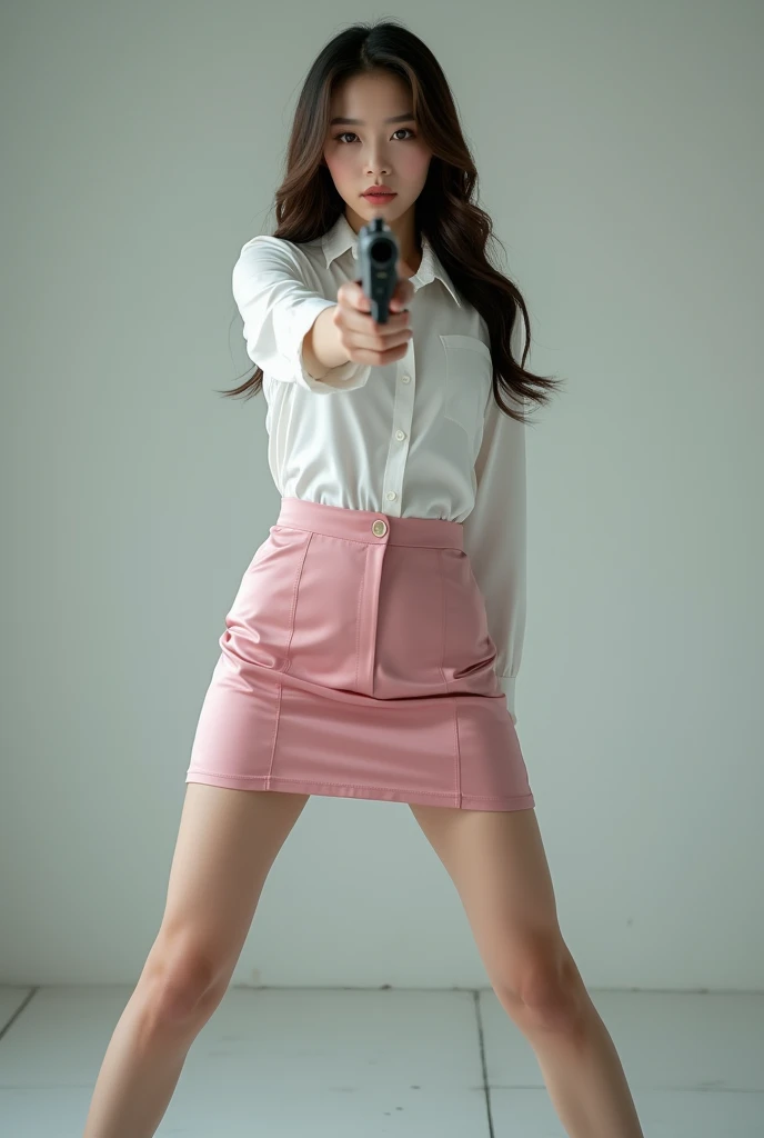 real person realistic beautiful korean office lady white shirt tight mini skirt satin pink colour stance open legs spreading arms straighten full portrait gun sexy legs aiming target practice pointing at you firing indoor shooting range ready to shoot serious look