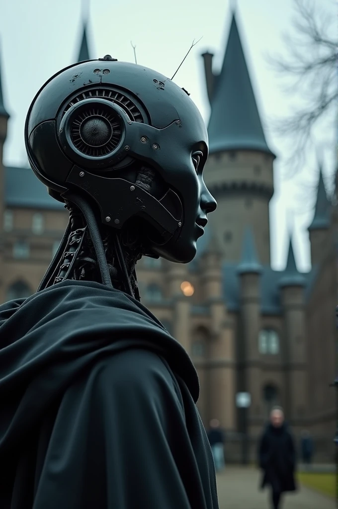 ((best quality)), ((masterpiece)), (detailed), perfect face
Back view of Harry Potter and robot in front of Hogwarts school make robot shorter than Harry it has to be dark