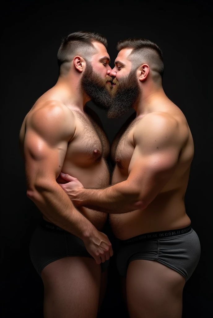 "8KUHD HDR Very Realistic Very Detailed High Quality Create a professional studio-style photograph featuring two 4 men, 8K hdr burly, 8K hdr hairy, 8k hdr beared big sexy chubby daddy bear, and 8K hdr very realistic detailed rugged man and his husband in boxers. 8K Hdr very realistic beards, 8K very hdr realistic hair, 8K very hdr realistic beards, 8K hdr very realistic thick chubby fat neck, 8K hdr very realistic neck, 8K hdr very realistic neck details, 8K hdr very realistic neck lines, 8K hdr very realistic belly, 8K hdr very realistic chest, 8K hdr very realistic strong chest and arms, 8K hdr very realistic hairy chest and arms, 8K hdr very realistic pecs, 8K hdr very realistic burly body, 8K hdr very realistic nipples, 8K hdr very realistic burly body, 8K hdr very realistic face, 8K hdr very realistic eyes, 8K hdr very realistic nose, 8K hdr very realistic ears, 8K hdr very realistic facial features, 8K hdr very realistic arms, 8K hdr very realistic hands, 8K hdr very realistic wrists, 8K hdr very realistic fingers, 8K hdr very realistic fingernails, 8K hdr very realistic shoulders, 8K hdr very realistic mouth, 8K hdr very realistic skin textures, 8K hdr very realistic textures, 8K hdr very realistic extricate detailing, 8K hdr very realistic lips, 8K hdr very realistic detailed skin, 8K hdr very realistic skin, 8K hdr very realistic heads, 8K hdr very realistic ears, 8K hdr very realistic nose, 8K hdr very realistic facial features, 8K hdr very realistic mens clothing, 8K hdr very realistic detailed mens clothing. 8K HDR A very realistic man and his husband are kissing each other, 8K HDR very realistically kissing each other, in a 8K HDR very realistic romantic and HDR virile scene. 8K HDR Very Realistic Intricately Detailed, 8K HDR Utilize all appropriate lighting techniques for studio photography. 8K HDR The background should be black." No Deformities, 8K HDR "everything is very realistic real life 8K HDR"