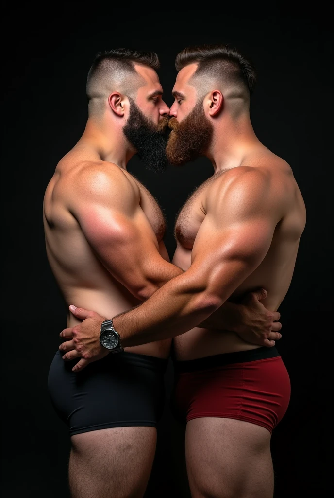 "8KUHD HDR Very Realistic Very Detailed High Quality Create a professional studio-style photograph featuring two 4 men, 8K hdr burly, 8K hdr hairy, 8k hdr beared big sexy chubby daddy bear, and 8K hdr very realistic detailed rugged man and his husband in boxers. 8K Hdr very realistic beards, 8K very hdr realistic hair, 8K very hdr realistic beards, 8K hdr very realistic thick chubby fat neck, 8K hdr very realistic neck, 8K hdr very realistic neck details, 8K hdr very realistic neck lines, 8K hdr very realistic belly, 8K hdr very realistic chest, 8K hdr very realistic strong chest and arms, 8K hdr very realistic hairy chest and arms, 8K hdr very realistic pecs, 8K hdr very realistic burly body, 8K hdr very realistic nipples, 8K hdr very realistic burly body, 8K hdr very realistic face, 8K hdr very realistic eyes, 8K hdr very realistic nose, 8K hdr very realistic ears, 8K hdr very realistic facial features, 8K hdr very realistic arms, 8K hdr very realistic hands, 8K hdr very realistic wrists, 8K hdr very realistic fingers, 8K hdr very realistic fingernails, 8K hdr very realistic shoulders, 8K hdr very realistic mouth, 8K hdr very realistic skin textures, 8K hdr very realistic textures, 8K hdr very realistic extricate detailing, 8K hdr very realistic lips, 8K hdr very realistic detailed skin, 8K hdr very realistic skin, 8K hdr very realistic heads, 8K hdr very realistic ears, 8K hdr very realistic nose, 8K hdr very realistic facial features, 8K hdr very realistic mens clothing, 8K hdr very realistic detailed mens clothing. 8K HDR A very realistic man and his husband are kissing each other, 8K HDR very realistically kissing each other, in a 8K HDR very realistic romantic and HDR virile scene. 8K HDR Very Realistic Intricately Detailed, 8K HDR Utilize all appropriate lighting techniques for studio photography. 8K HDR The background should be black." No Deformities, 8K HDR "everything is very realistic real life 8K HDR"