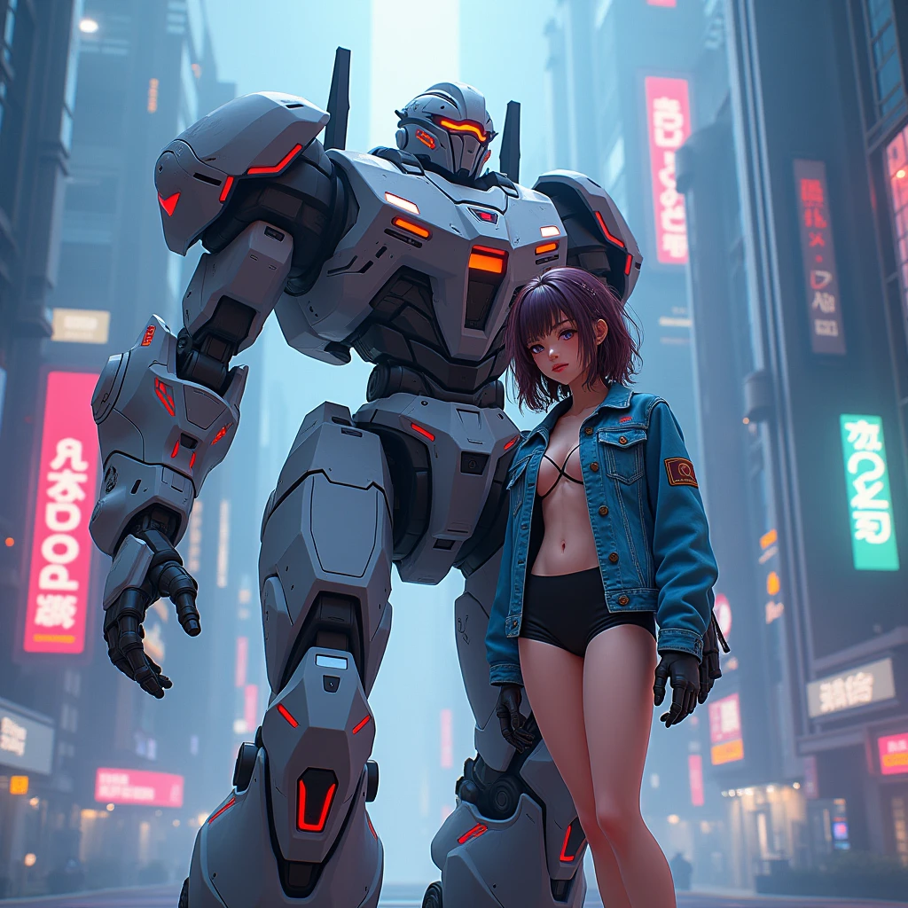 anime girl in short shorts and jacket standing next to giant robot, artwork in the style of guweiz, cyberpunk anime girl mech, trending on cgstation, guweiz, by Russell Dongjun Lu, digital cyberpunk anime art, ross tran 8 k, guweiz on artstation pixiv, girl in mecha cyber armor