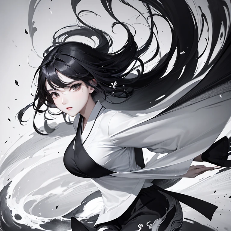 A work like a sumi-e painting, Painted with a Japanese brush, Dynamic painting, One Woman, India, Hair blowing in the wind, Very beautiful woman, Flower storm, Mandala, Monochrome