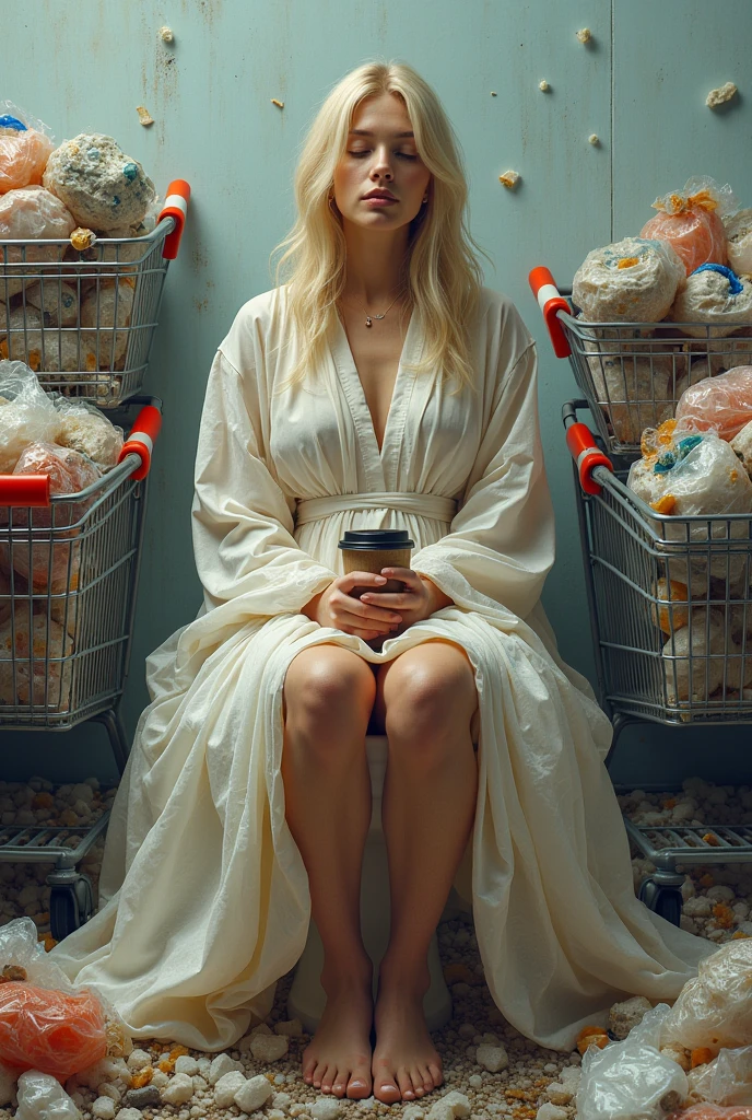 Concept: A blonde woman dressed in a robe made entirely of plastic bags, sitting on a toilet in the middle of a landfill. She’s surrounded by empty shopping carts, each filled with more plastic waste. In her hands, she holds a credit card and a disposable coffee cup, her face serene as if in meditation.