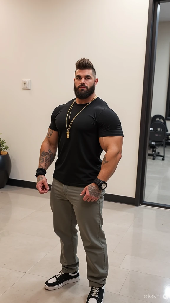 bold hair,Wrist hair、chest hair、Gym Trainer、30-year-old,Masculine、Fade Cut、facial hair.、Attractive eyes、darkness、hands in front、Black tank top、Gold Necklace、Intimidating、Overbearing、scorpion Tattoo、confident、Arms crossed、Enchanting、Charisma,hair scrunchie, textured skin, ripped chest