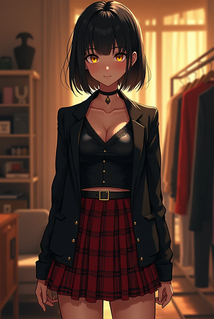masterpiece, Best quality, 1 girl, food, One, skirt, shop, in room, jacket, shopping, Jewelry, shirt, shelf, short hair, Black hair, plaid skirt, black jacket, yellow eyes, Looking at the viewer, standing, (we are panties, is, crack in the ass, bottomless:1.4, microskirt), (shiny skin:1.2),