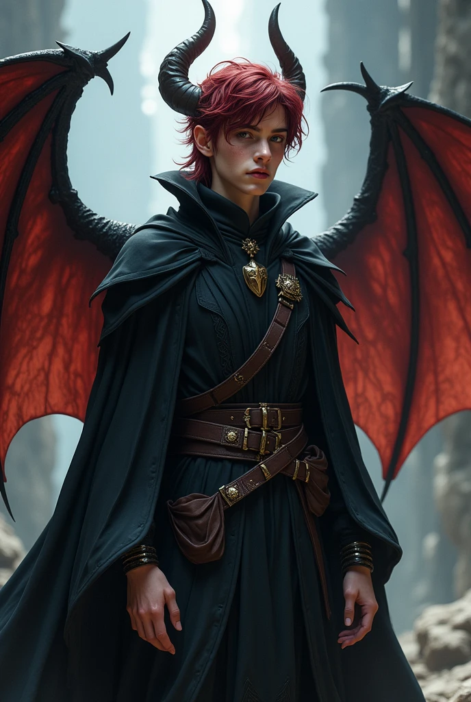 A 20 year old male sky elf with bat wings paladin, maroon hair
, black robes, take off the horns, but a male