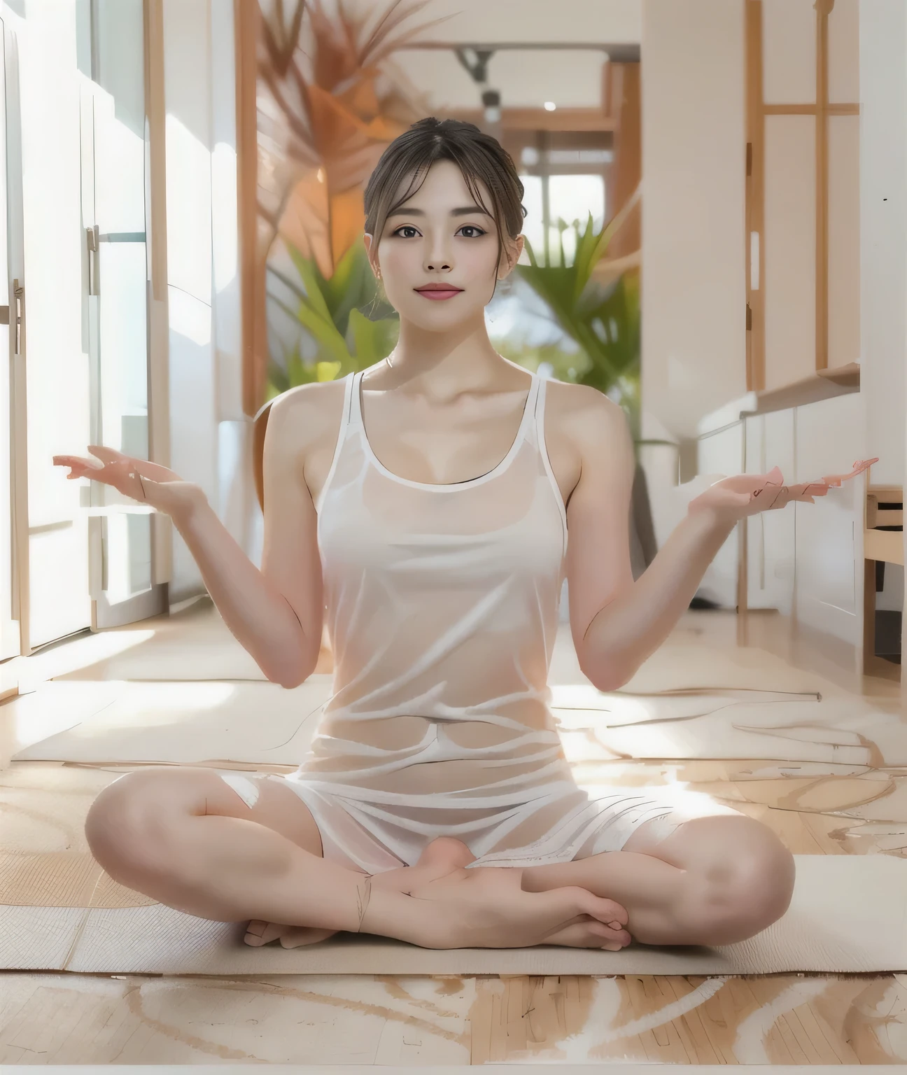 {{Woman sitting on a mat in a yoga pose:１８age:Double eyes}},, Sitting pose,{Tight tank top:see-through}, A gentle and loving pose of doting affection, Symmetrical pose, Full body pose, Stoic Pose,