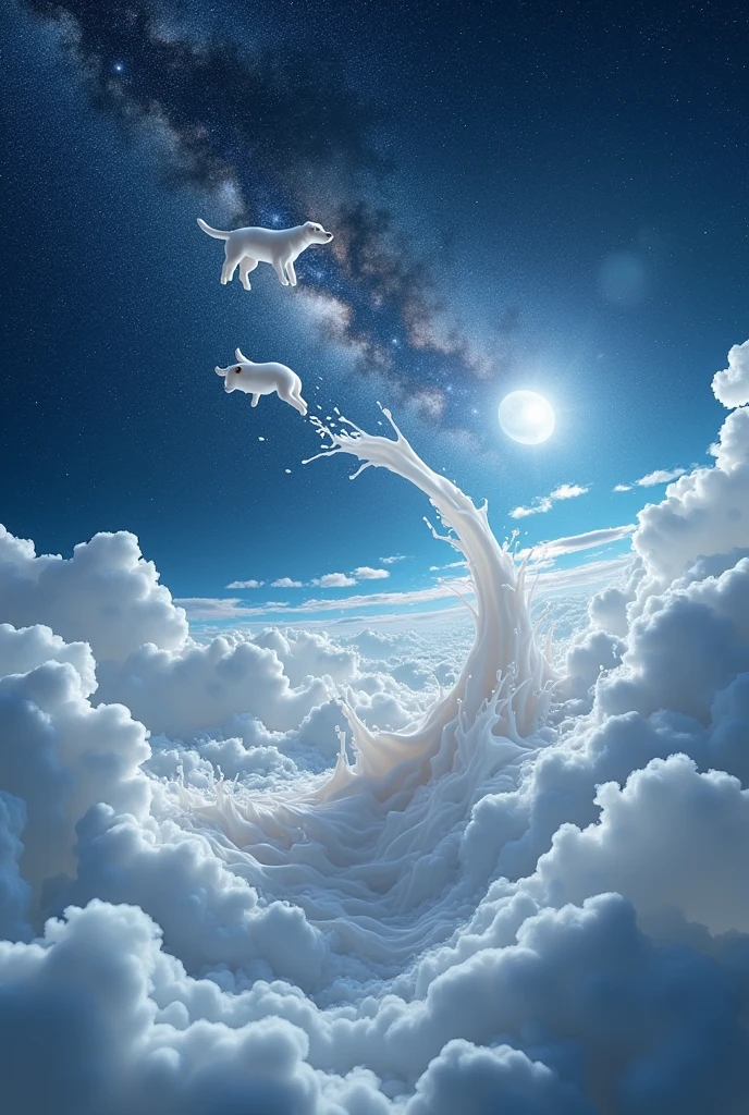 Milk runs on the Milky Way in the starry sky The moon shines and dogs fly around