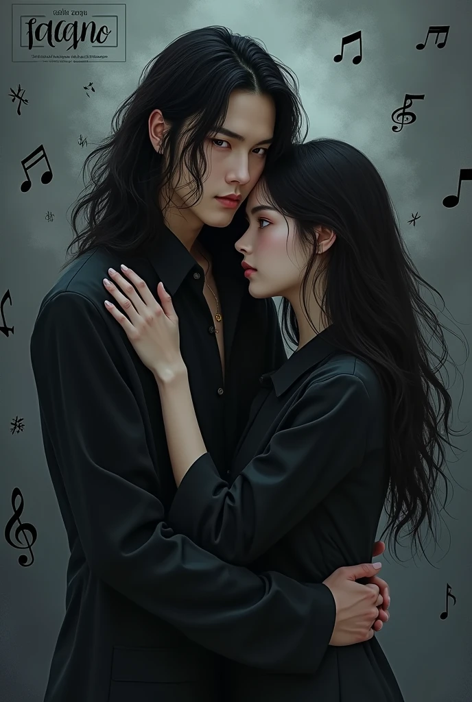 Asian boy man who looks like DPR ian and who has long hair and in the background is written the word facneo and who is in a dark place and who has black musical notes around him and is hugging a beautiful brunette girl
