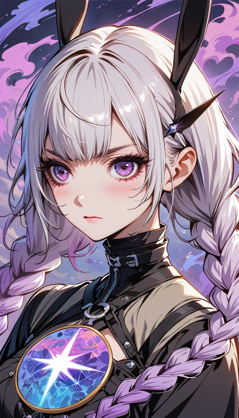 (masterpiece, best quality, official art, beauty, Gothic, Tokyo Ghoul style: 1.2), Very detailed, fractal art, Gorgeous, More detail, Zentangle, Atmospheric, cosmic, Psychedelic, dreamlike, fear,  A girl, , Rabbit Ears, yinji, purple hair, purple eyes, long hair, white hair, double braids, gradient hair, Japanese folk style clothing, 8k