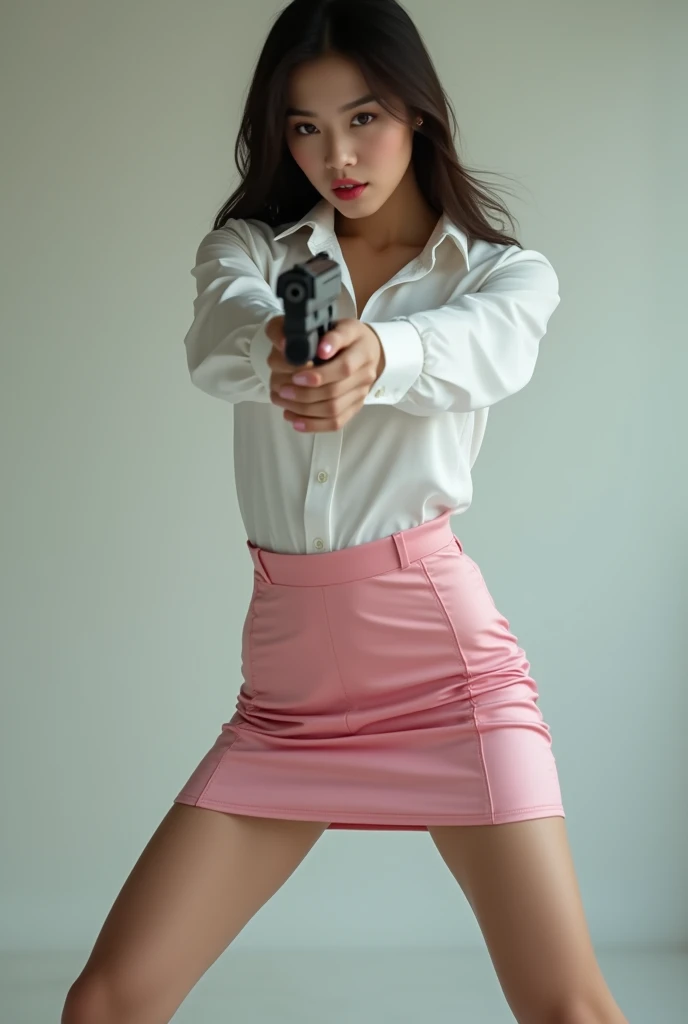 real person realistic beautiful korean office lady white shirt tight mini skirt satin pink colour stance open legs spreading arms straighten full portrait gun sexy legs aiming target practice pointing at you firing indoor shooting range ready to shoot serious look