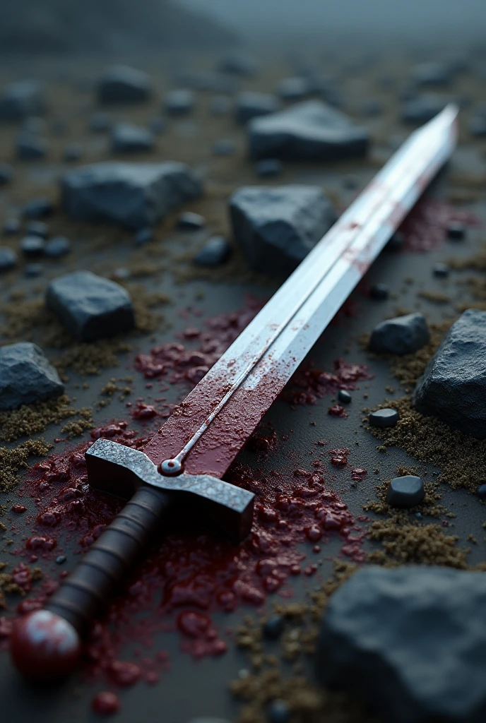 Sword with blood on it in the ground facing up