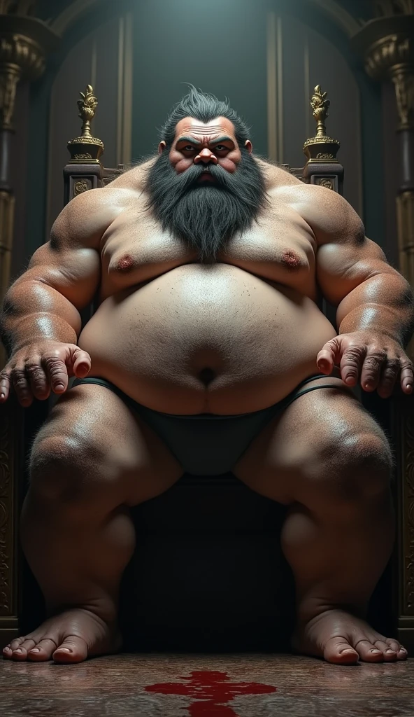 god standing ,royal hall, chubby, hairy, hairy belly, Holding your big belly, high resolution, ultra-detailed, sharp focus, detailed eyes, symmetrical eyes, expressive eyes, clear pupils, focused gaze , king's expression is intimidating with a sense of authority, solo, masterpiece, best quality, male, mature, manly, detailed nipples, detailed navel, photorealistic, 8k, (wide dynamic range, hdr:1.2), sitting, (night:1.2), light, looking at viewer, pose, fitted underwear with a very large, realistic bulge at the front, emphasizing the natural shape, detailed fabric texture, soft shadows highlighting the contours, emphasizing the natural shape, detailed fabric texture, Blood, soft shadows highlighting the contours ,full body, leaning back, very short fur, detailed skin texture, high contrast lighting, feet