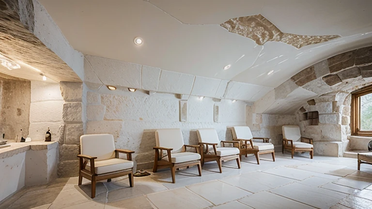 Room in a cave with walls covered with white sea salt slabs. The style is natural natural art. Along the walls there are medical style chairs.