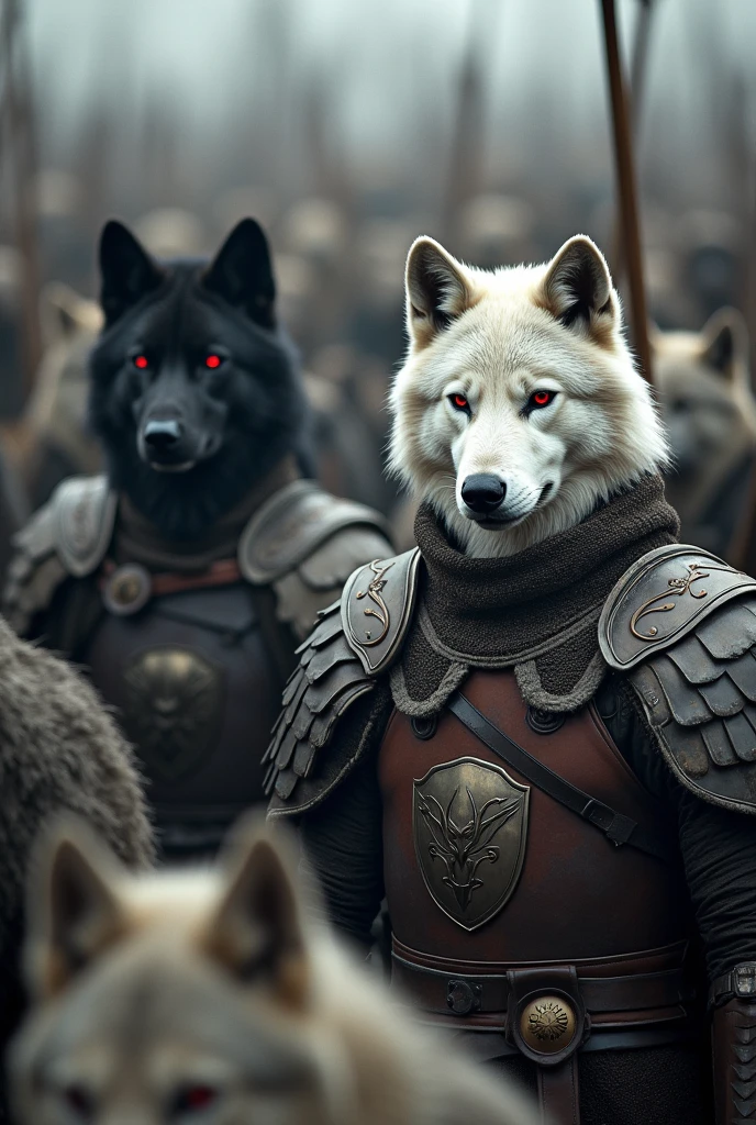 Army of gray and brown wolves, and men soldiers with immaculate neck armor, ancient soldiers. Together united, hundreds of thousands.
In front of you guiding them, two alphas, a dark Alpha wolf with red eyes and a white Alpha